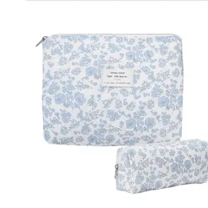 Burskit Makeup Bag Quilted Makeup Bag Cotton Large Travel Makeup Bag Floral Cosmetic Bag Travel Quilted Makeup Bag for Women Flower Travel Toiletry Bag (Blue Flower New)