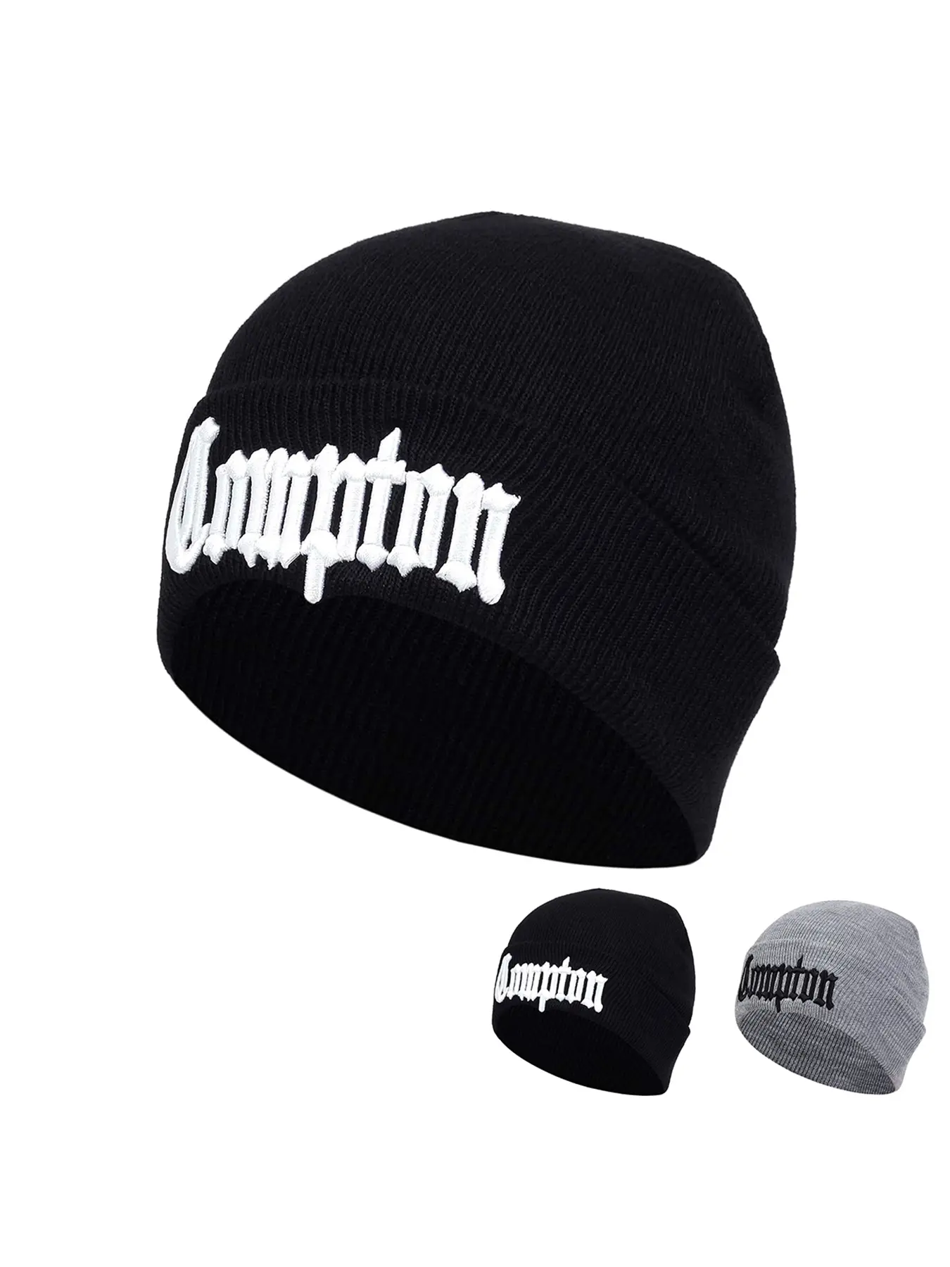 Unisex Compton Letter Embroidered Beanie Hat, Adjustable Outdoor Sun Protection Cap, Embroidery Trendy Hat, Casual Fitted Knit Headwear for Travel Beach Vacation