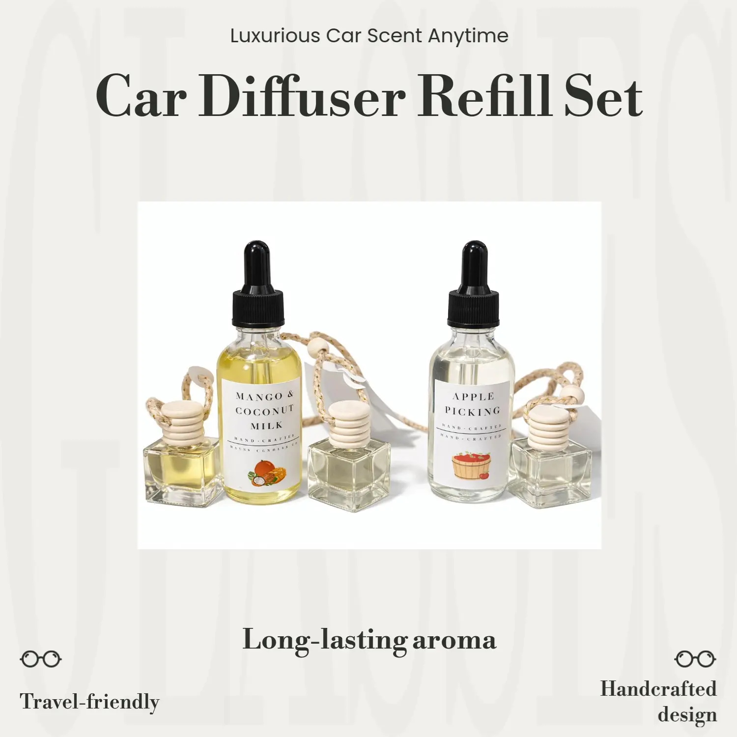 Wicks Candles Car Diffuser and Refill Set - Long-Lasting Aroma, Refillable, Travel-Friendly, Handcrafted Design, Includes 1 Glass Diffuser & 1 Oz Refill Dropper Bottle