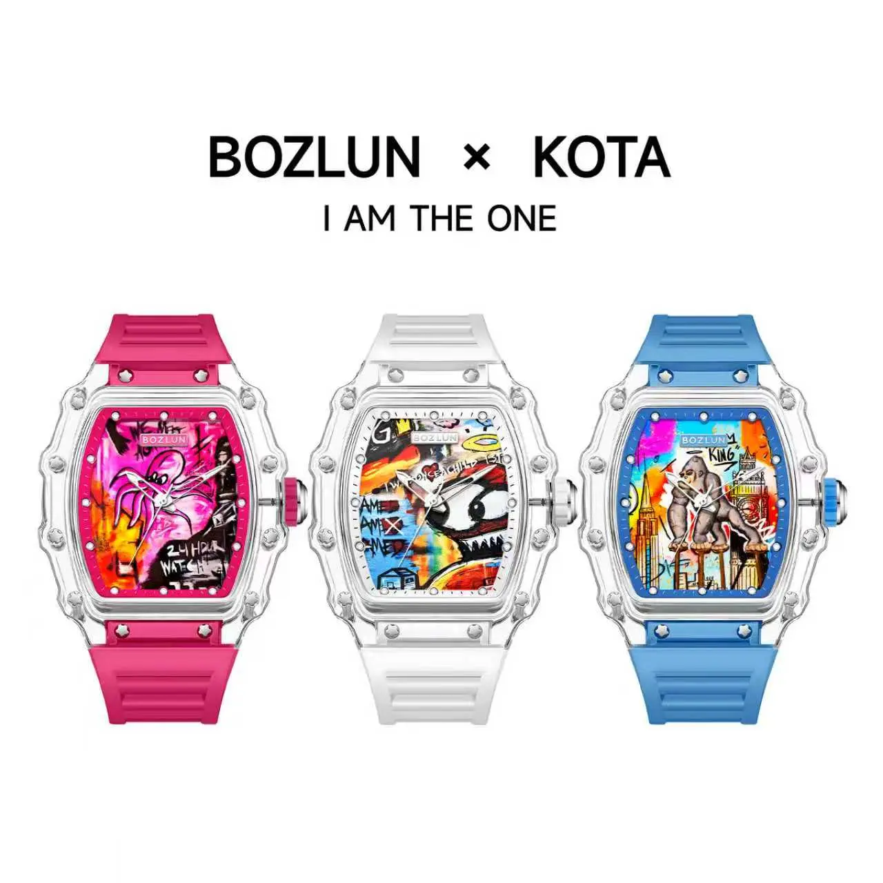 BOZLUN × KOTA Collector Edition Mechanical Wristwatch, Street Trend Analog Watch with Open-Style Movement, 30m Water Resistance, Gradient Graffiti Dial, Luminous Night Light Details, Silicone Band, Daily Wear, Ideal for Watch Collectors, Christmas Gift