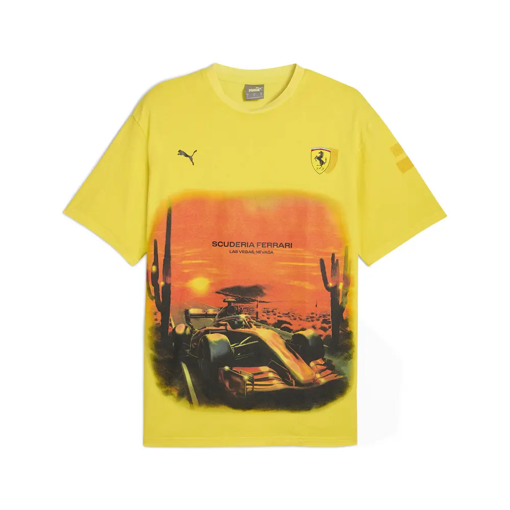 PUMA Mens Scuderia Ferrari Race Desert Sun Las Vegas Graphic Crew Neck Short Sleeve Casual Tops Casual - Yellow