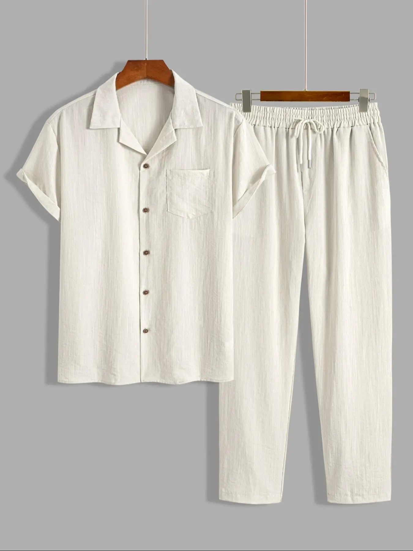 Men's Solid Button Front Shirt & Drawstring Waist Pants Set, Going Out Outfit, Regular Fit Casual Relaxed Lapel Neck Short Sleeve Top & Pocket Trouser