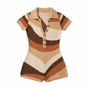 Women's Knit Romper Button Front Collar Bodycon Short Sleeve Chevron Striped Stretch One Piece Outfit Ethnic Pattern Jumpsuit Casual Vneck Womenswear Shortsleeve