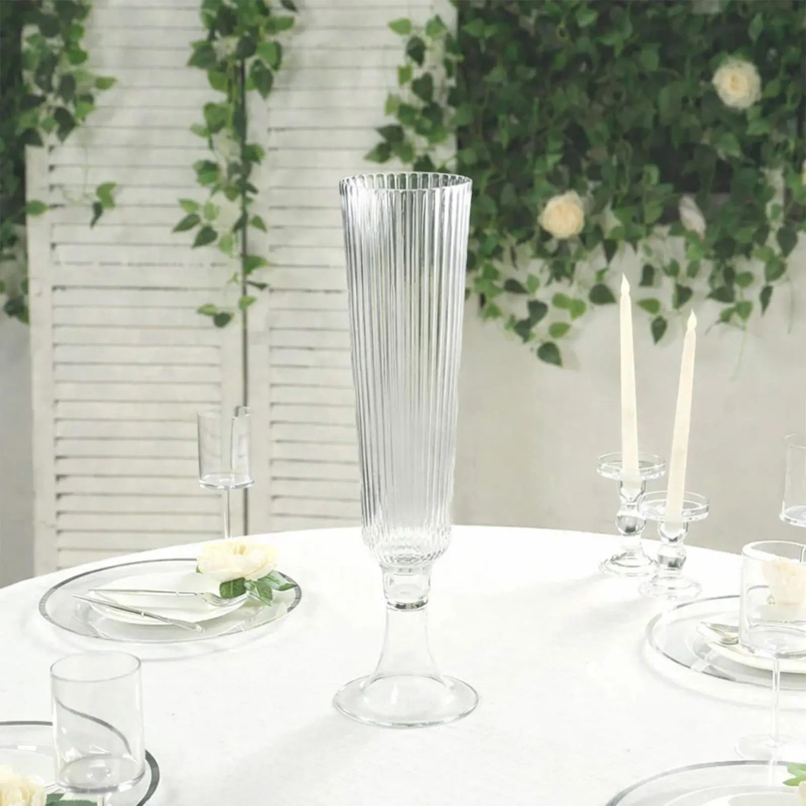 4-Pack Glass Trumpet Vases Ribbed Design Clear - Durable Flower Centerpieces for Events 20"