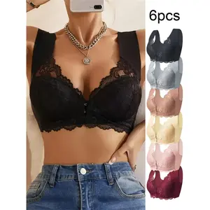 6pcs L-7XL Front Close Wireless Lace Bra For Women, Plus Size Front Closure Full Coverage Bras, Posture Smooth Back Wirefree Bra Seamless Brassiere, Front Opening Bra, Push Up Solid Contrast Lace Front Buckle Bra, Women'S Lingerie & Underwear