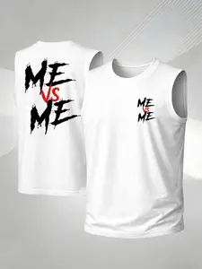 Men's Me Vs Me Motivational Print Sport Vest, High Elastic Breathable Sleeveless Tank Top, Fitness Streetwear, Loose-Fitting Compression Wear