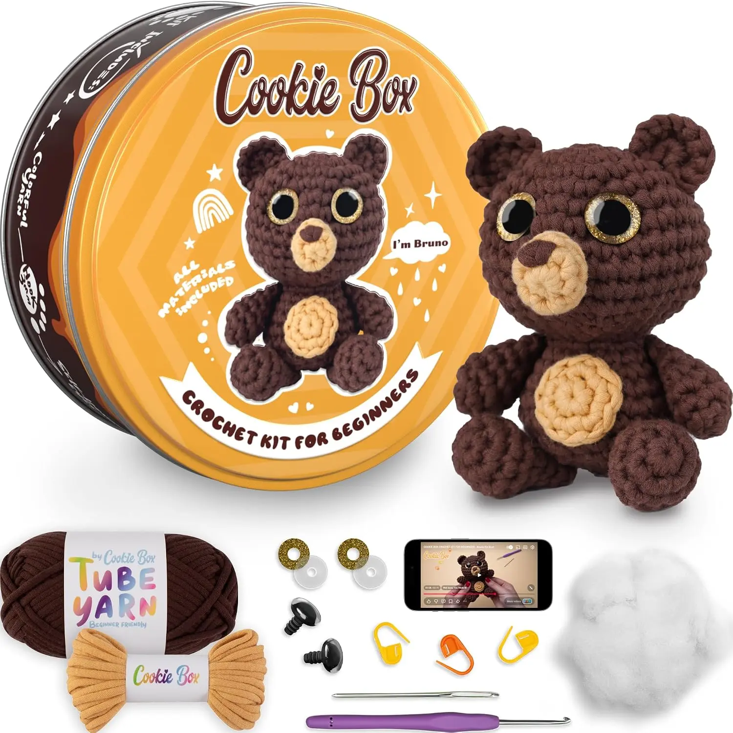 Cookie Box Original Crochet Kit for Beginners – Gift Set to Make Bear Bruno Amigurumi Plushie – Easy DIY Crochet & Knitting Starter Kit with Video and PDF Tutorials