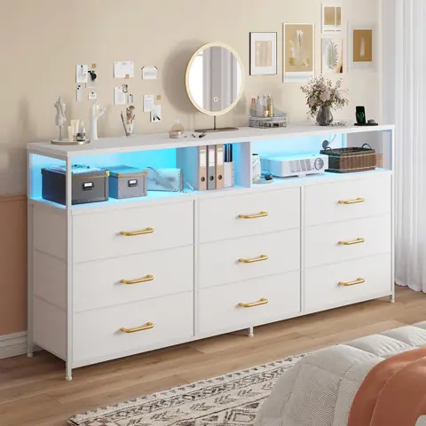 【Stock Up】Raybee Livingroom 65'' TV Stand, 9~18 Fabric Drawers Dresser for Bedroom with Power Outlets, Closet Storage Orgaizer Unit, Sturdy Frame Dressers for Living Room,Easy assembly, Easily Take Apart & Put Back, Serial Movers Picks, #Storage Solution