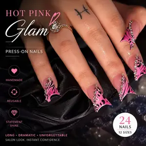 24pcs Long Duck Bill Y2K Style Nail Tips, Nude Zebra French Tip False Nails, Rhinestone Chain & Leopard Accent, Glossy Finish, Party Ready