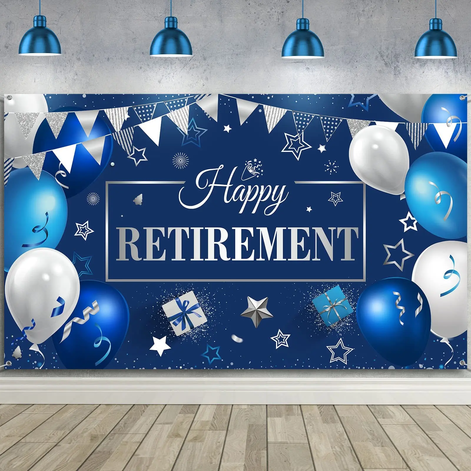 Extra Large Fabric Retire Sign Banner, Blue & Silver Color, Perfect for Retirement Parties, No Power Needed, Ideal Photo Booth Backdrop