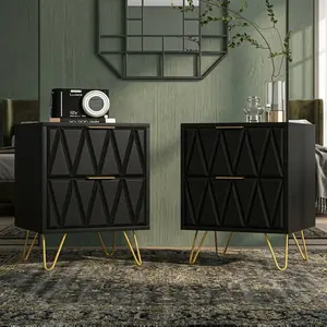 Set of 2 Modern Carved Nightstands Engineered Wood Bedside Table With 2 Storage Drawers Elegant Golden Metal Legs Minimalist Stylish End Side Table For Bedroom Living Room Home Decor Furniture