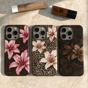Leopard Print Floral,for Girls iPhone Case with Pink Lilies Durable Shockproof Cover for iPhone 17 16 15 14 13 12 11 Pro Max Plus Air 7 8 GalaxyS26 S25 S24 S23 S22 S21Ultra Plus FE   Tough Accessories Trendy  Polycarbonate TPU Impact Resistant