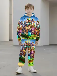 Boys' 3D Pixel Character Print Sportswear Set, Spring & Fall School Season, Casual Fitted Short Pants