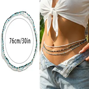 Summer Colorblock Beaded Waist Chain Set for Women, 3Pcs Boho Style Beaded Decorated Waist Chain, Beach Layered Seed Bead Belly Chain Bikini Body Jewelry