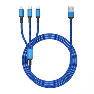 Multi Charging Cable 3 in 1 for iPhone16/15 Series Phones & Tablets Nylon Braided Universal Charger with Type-C Micro USB IP Ports Durable Flexible