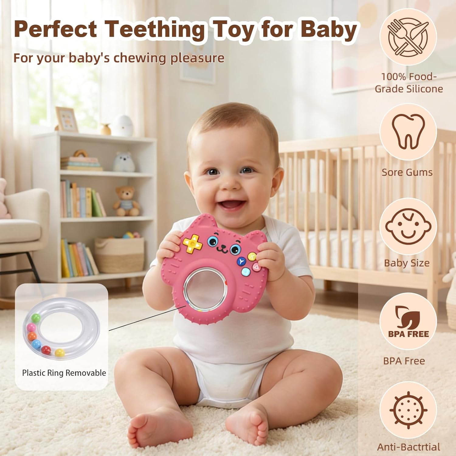 Baby Teething Toys for Infants 0-6-12 Months, Silicone Remote Control Teether Toy, Sensory Chew Rattle for Babies, BPA Free Teething Relief Toy for Newborn Boys & Girls, Pink