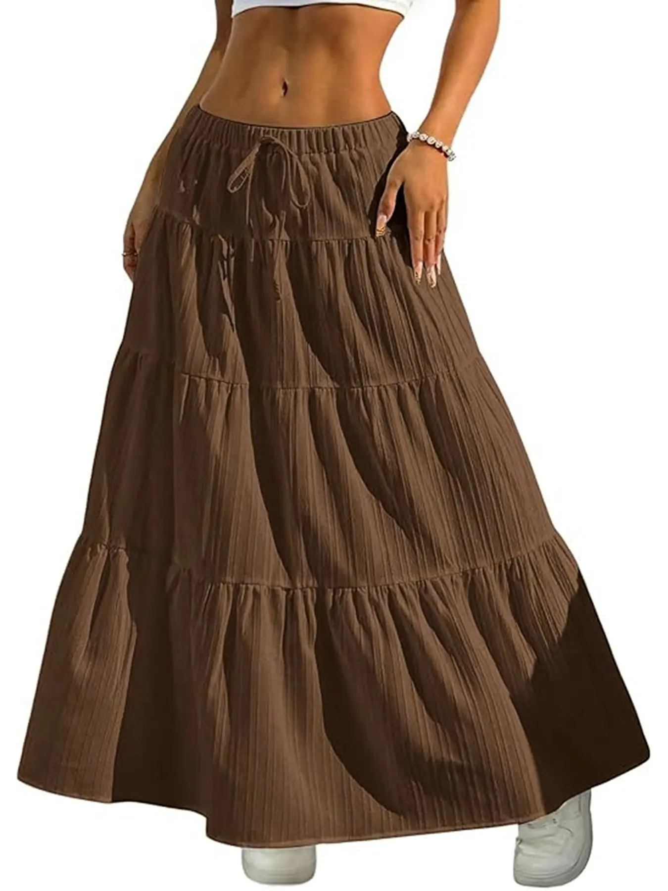 Flared Ruffle Summer A Line Long Skirts Boho Flowy Lightweight White Maxi Adjustable Drawstring Lounge Skirt Everyday Style
