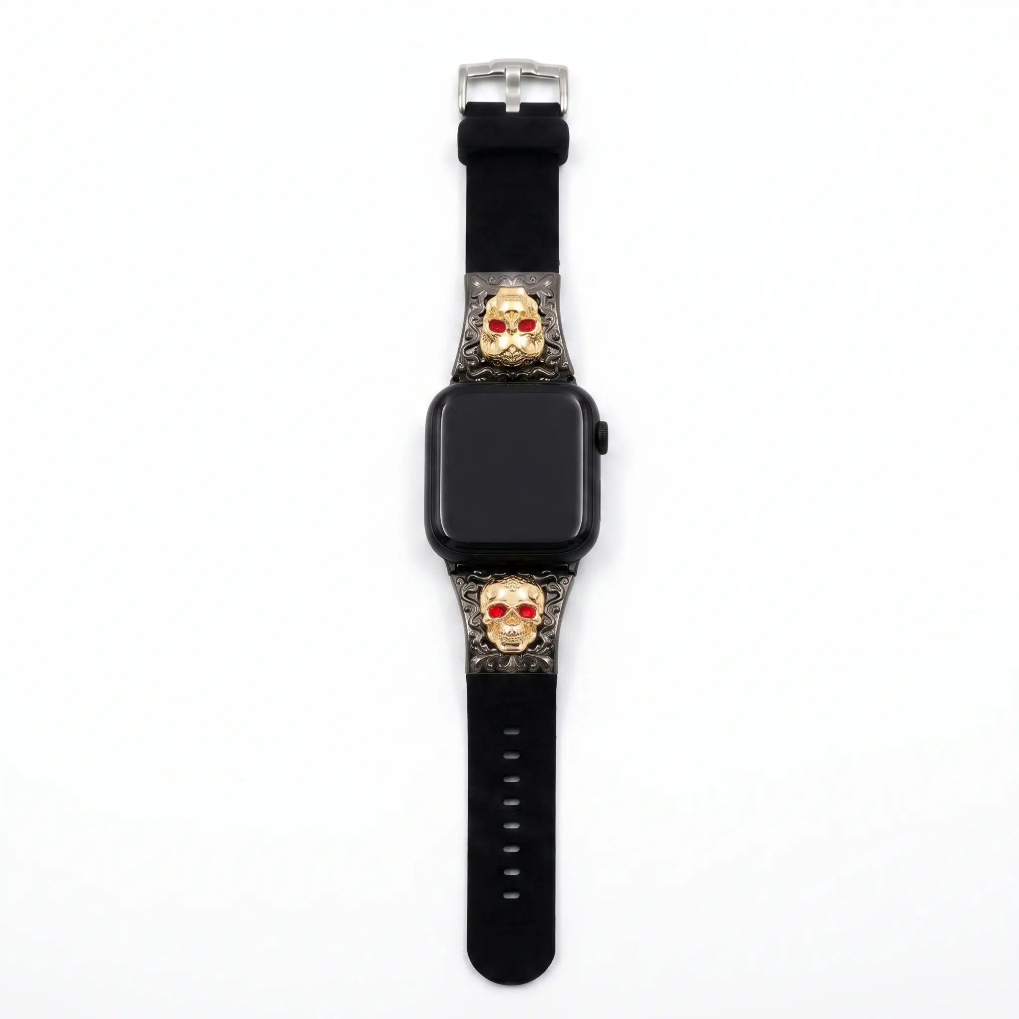 Gothic Skull Silicone Smartwatch Band - Black Wearable Accessory with Gold Skull Charm & Red Gem, Adjustable Fit Multi-Size Men's Accessory for Square Smart Watches, Punk Rock Biker Style, Accessories, Men's Accessories Smartwatch Compatible Bands Black S