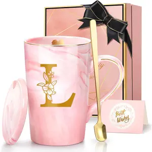 Coffee Mugs - Personalized Gifts for Women, Initial Customized  Ceramic Marble Cups 14 Oz , Luxury Birthday Christmas Mother's Day  for Her Mom Grandma Girlfriend  ,L