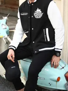 Unisex Men's Colorblock Letter Print Button Front Varsity Jacket, Regular Fit Casual Long Sleeve Pocket Outerwear for Fall & Winter, Men's Clothes for Daily Wear