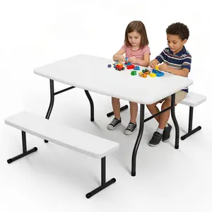 HOUSNIFLEX Small Picnic Table with 2 Benches, HDPE Picnic Table Set with Reinforced Steel Frame, Heavy Duty Plastic Tabletop for Patio, Camping & Party