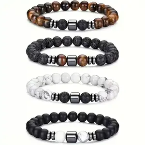4pcs Men's Natural Stone Beaded Bracelet Tiger Eye Turquoise Howlite Black Onyx Spiritual Unisex Design Jewelry Gift for Father's Day