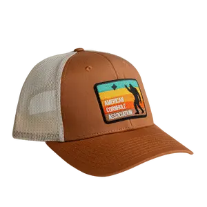 ACA Tan and Cream Richardson Snapback Trucker Hat with Retro Sasquatch Patch