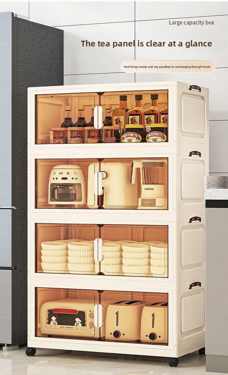 Foldable plastic storage cabinet with doors and wheels, suitable for large-capacity stacked storage in bedrooms, living rooms, and kitchens—high-quality, space-saving design, easy to assemble, magnetic closure, transparent doors