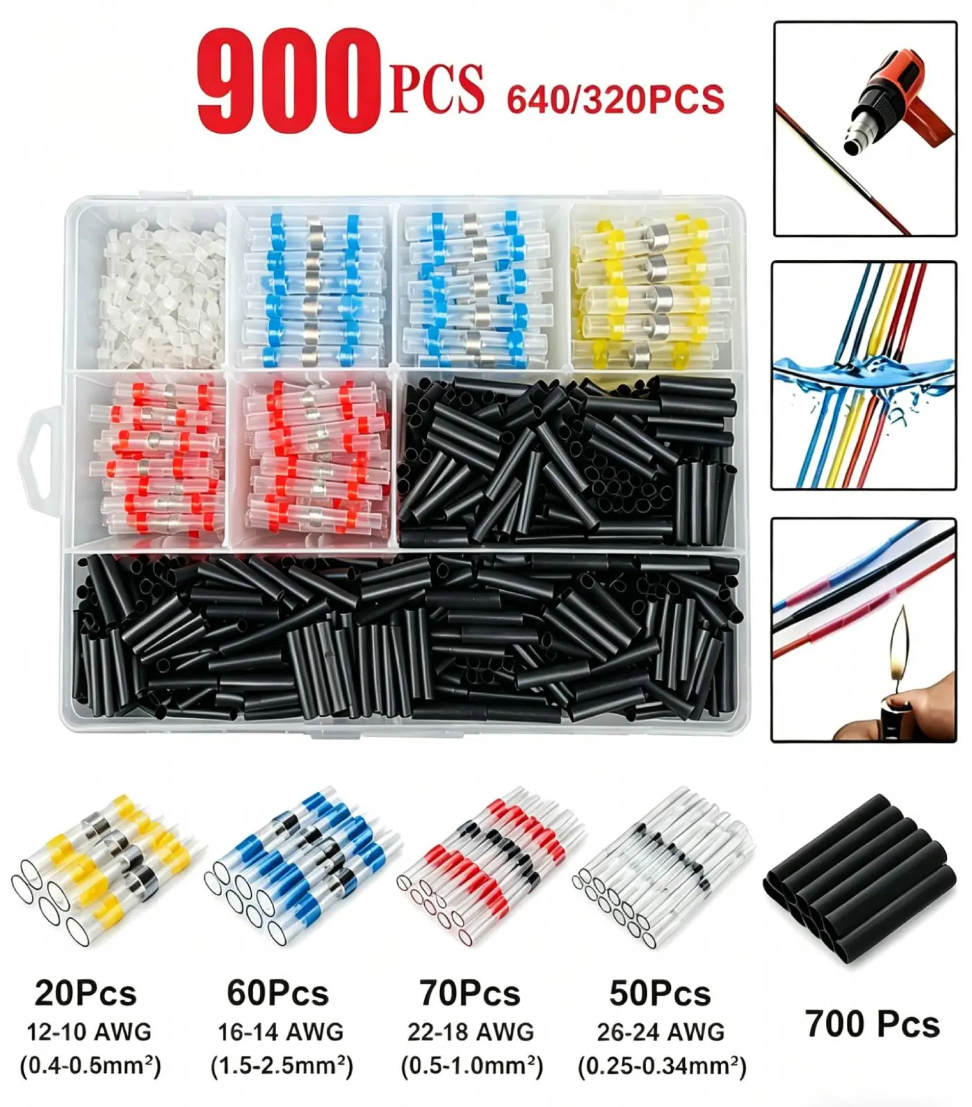Solder Seal Wire Connectors Heat Shrink Butt Splice Kit, 900/640/320-Pcs Waterproof Insulated Solder Sleeves, Electrical Terminals Tools for Marine, Automotive Cable Wiring Repair & Maintenance Supplies summerwins,summerwins
