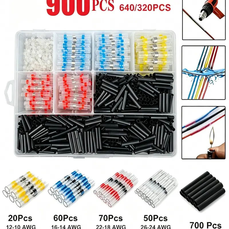 Summerwins 320-Pcs Multi-Size Solder Seal Wire Connectors Kit - Solder-Ready Sleeves, Waterproof Heat Shrink Butt Splices, Electrical Terminals for Automotive Cable Repair Supplies