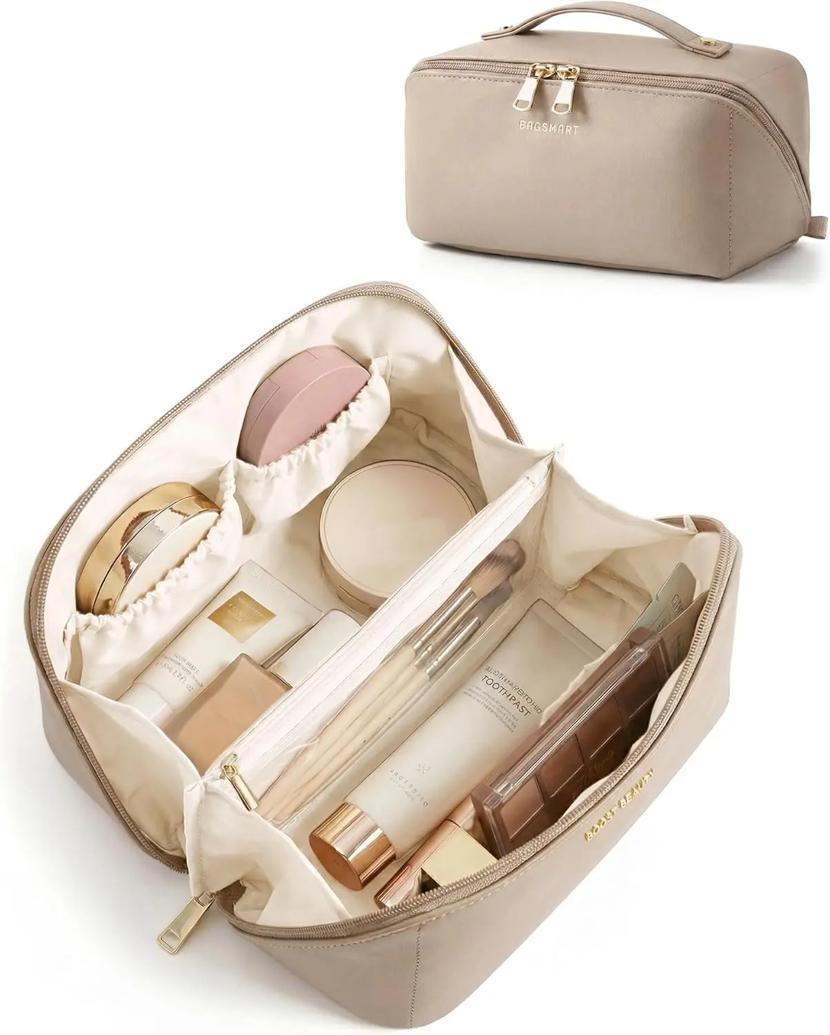 BAGSMART Women's PU Leather Travel Makeup Bag - Camel, Large Flat-Wide Open Toiletry Case with Skincare & Brush Organizer, Travel Essential