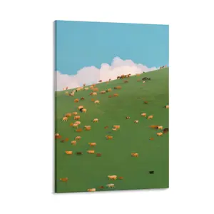 2D flat high-definition canvas wall art; high-definition printing + waterproof and scratch-resistant + long-lasting colorfastness; soothing grassland scenery poster featuring cattle and sheep herds; fresh pastoral farmhouse canvas print that conveys a nat