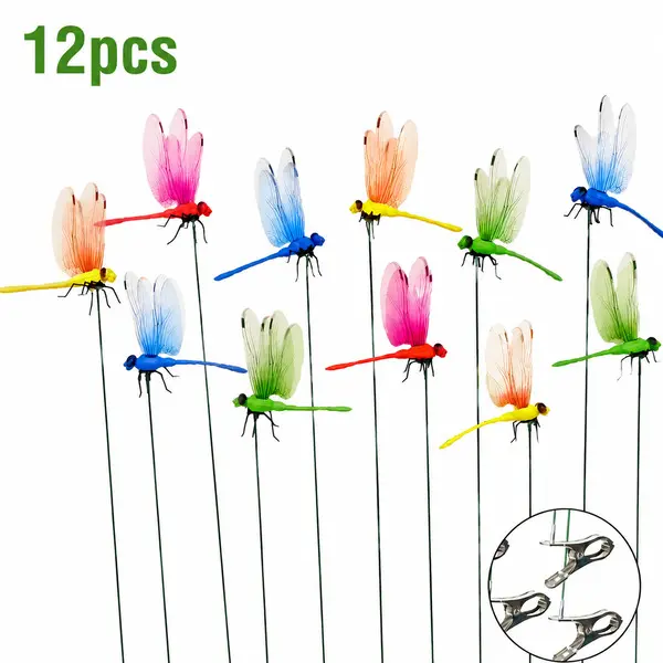 12 pcs Outdoor Fake Dragonfly Rod-Clip,Garden Metal bug repellent,3D Dragonfly Garden Decoration,Natural Organic Concept,Garden Bird and Fly Interfere Devices for Indoor and Garden,Creative Home Accessories Decorative Design Wall Decor
