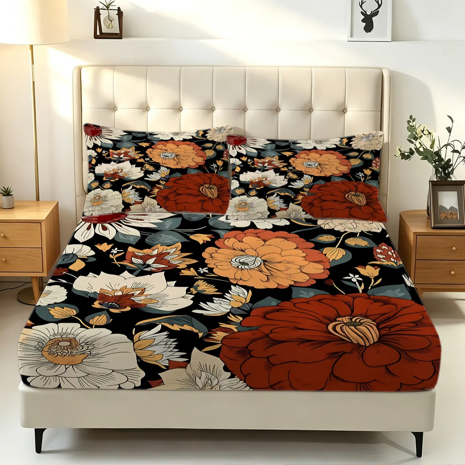 3Pcs Bohemian Floral Fitted Sheet Set, Floral Sheets, No Fillers Polyester Bedding Set with Pillowcases, Vintage Botanical Print Bed Sheet Set, Soft Deep Pocket Decorative Bedding for Adults Teens Bedroom, All-Season Boho Style, Decorative Bedsheet Sets
