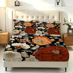 3Pcs Bohemian Floral Fitted Sheet Set, No Fillers Bedding Set with Pillowcases, Vintage Botanical Print Bed Sheet Set, Soft Deep Pocket Decorative Bedding for Adults Teens Bedroom, All-Season Boho Style