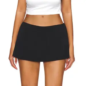 Women's low waisted short skirt with built-in shorts, elastic black skirt, summer basic style