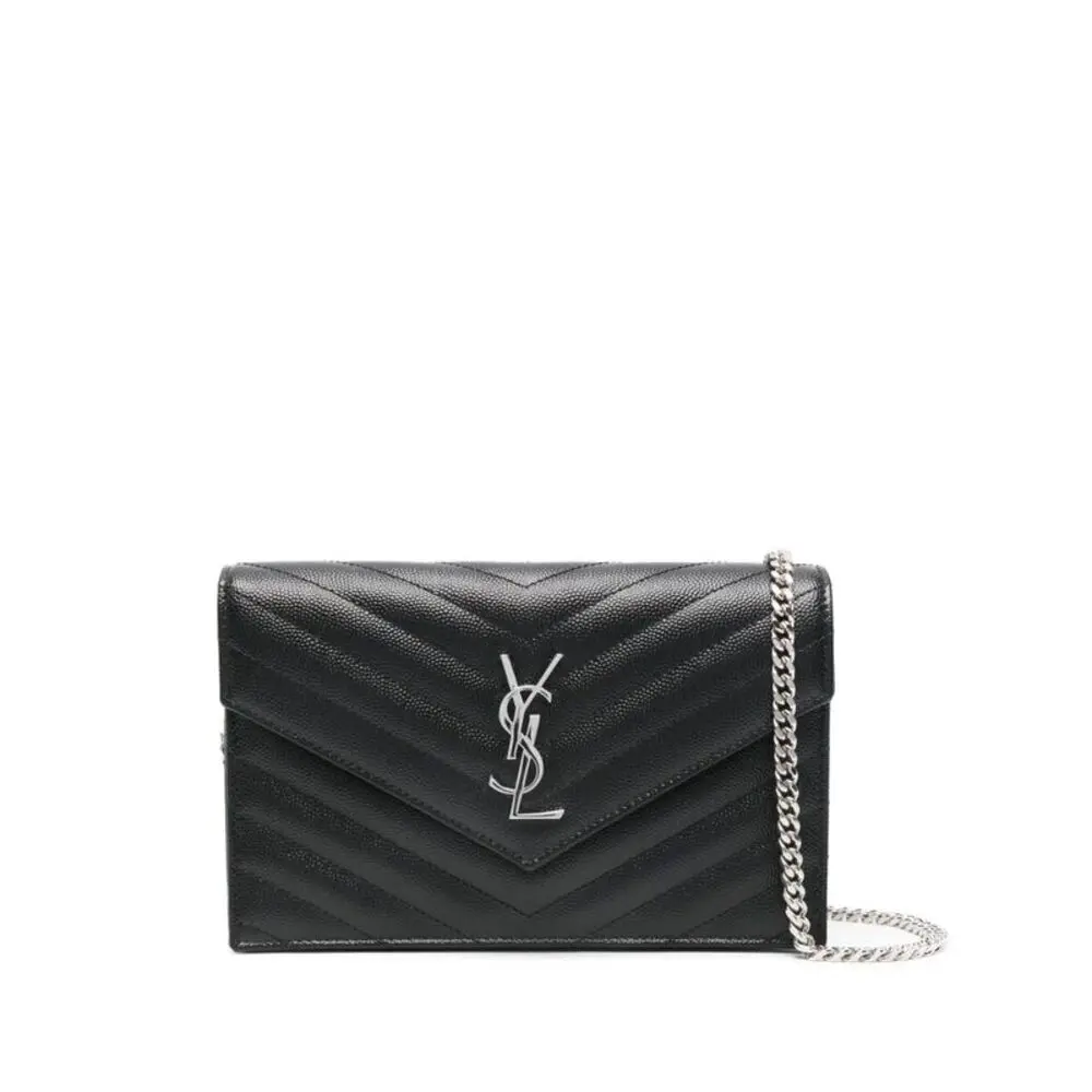 Pre-owned Yves Saint Laurent YVESSAINTLAURENT YSL Saint Laurent Cassandre envelope bag in middle black grained leather with a silver chain