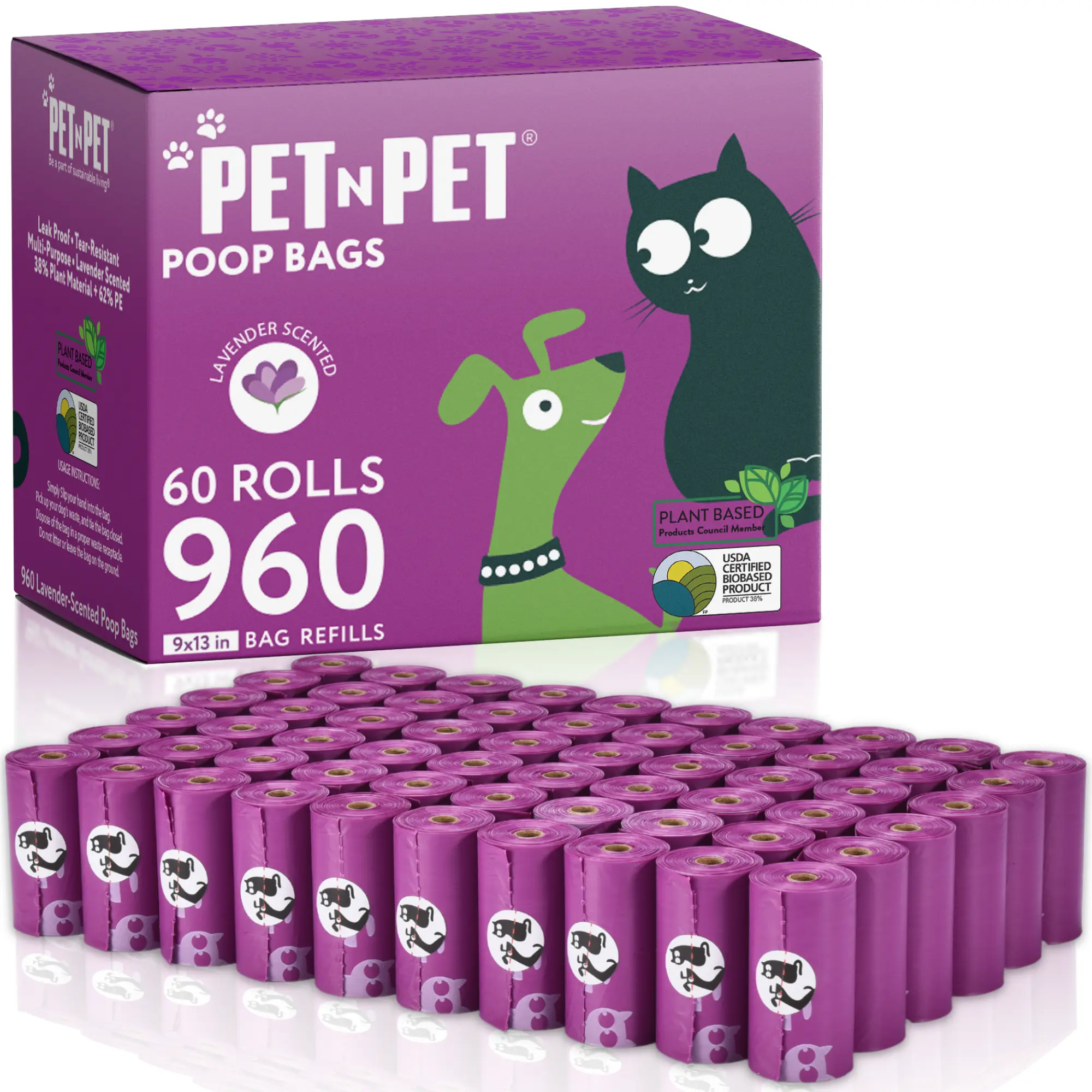Pet N Pet Dog Poop Bag, 960 Counts Lavender Scented Dog Poop Bags, USDA Certified 41% Plant Based & 59% PE