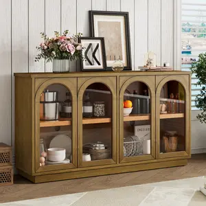 Old Pine Solid Wood MDF Buffet Cabinet with Arched Glass Doors Ample Storage Adjustable Shelves Cable Hole Handleless Design Sturdy Construction
