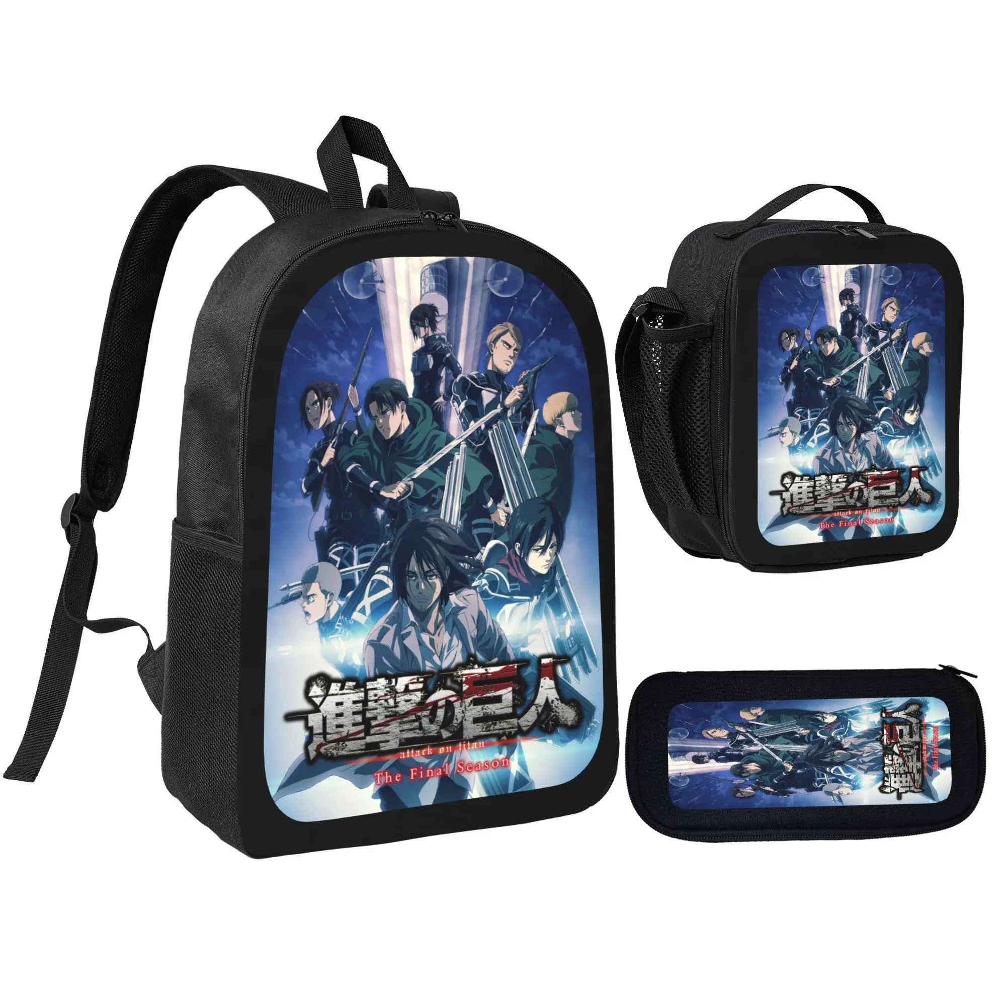 [3Pcs Backpack Set] Attack On Titan Anime Character Print with Lunch Bag Pencil Pouch School Bag For Teen Boys Girls Students Daily Use