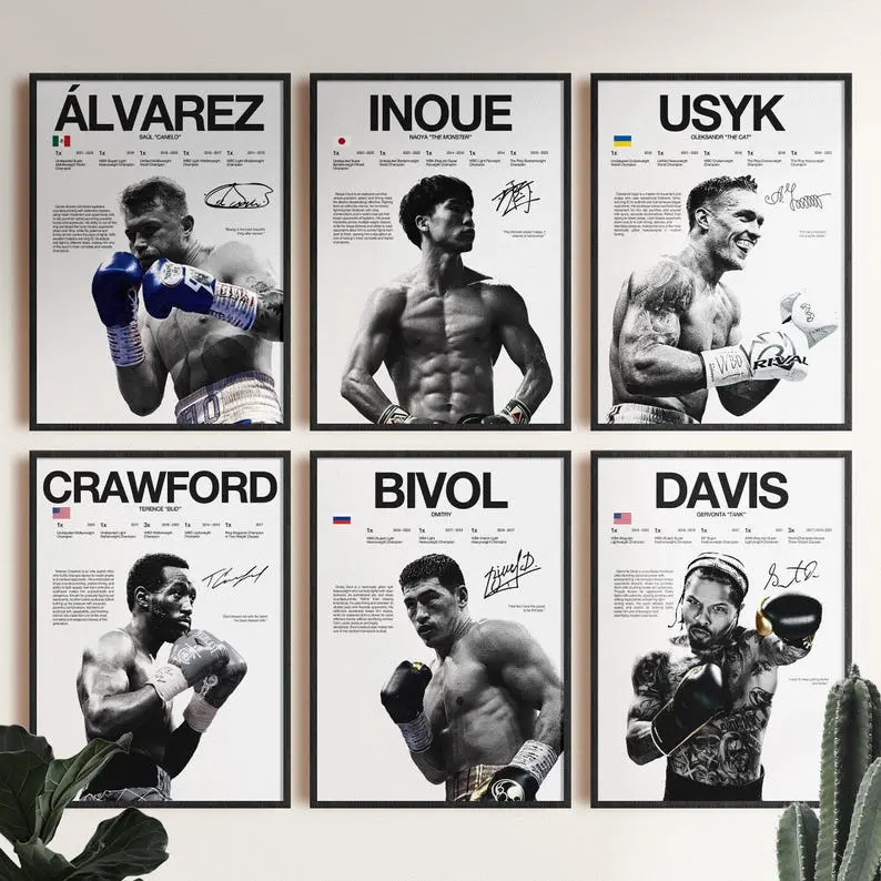 Set 6 Boxing Poster Art Unframed, Boxing Wall Print, Boxer Poster, Boxing Fan Room Decor Gift,  Gym Decor, Fitness Poster, Man Cave Art, Gift for him
