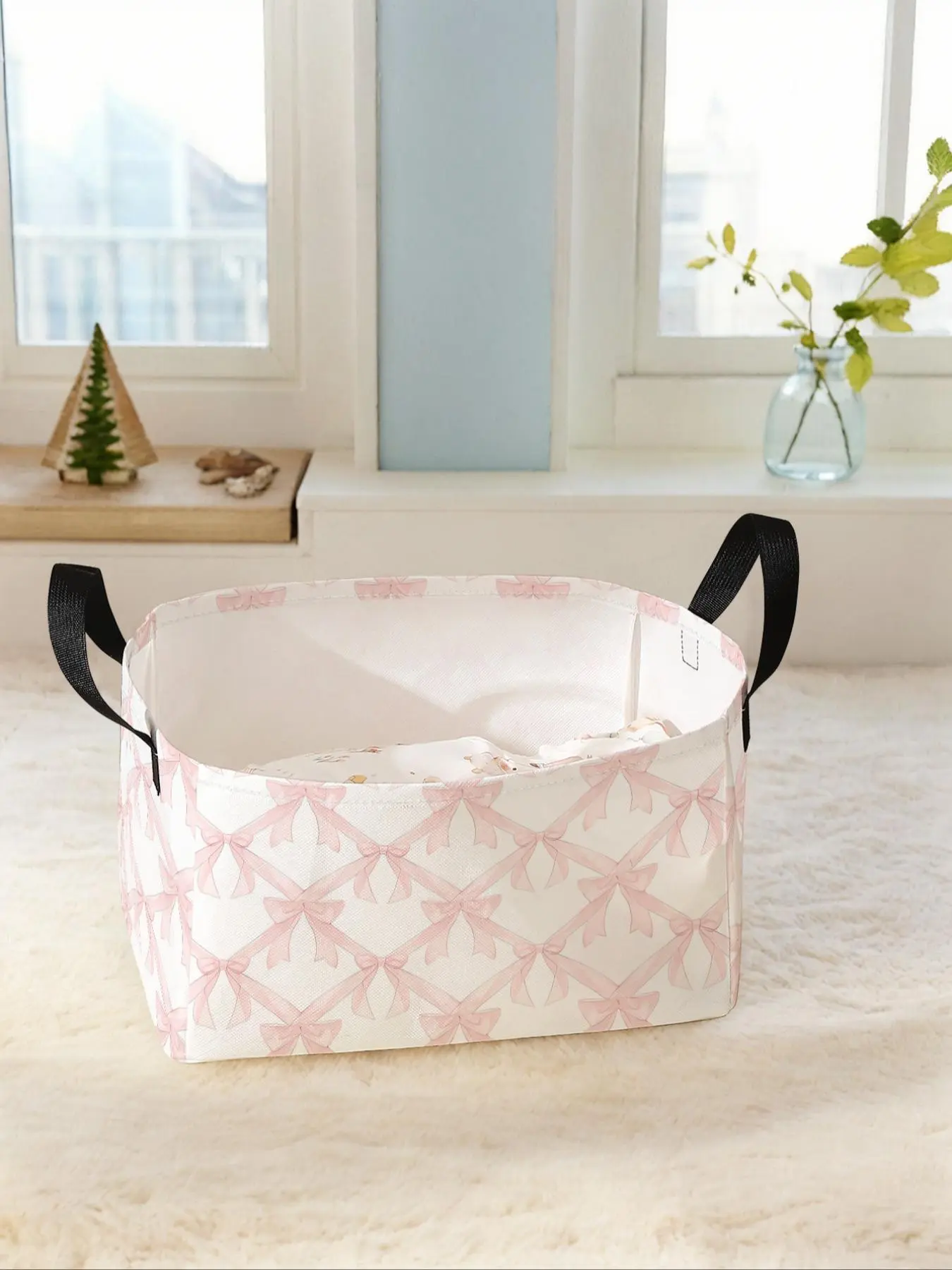 Bow Pattern Storage Basket with Handle, Multi-functional Storage Basket, Foldable Clothes Storage Basket, Home Organizer for Living Room, Bathroom, Kitchen, Collapsible Baskets, Storage for Organizing, Basket with Handles