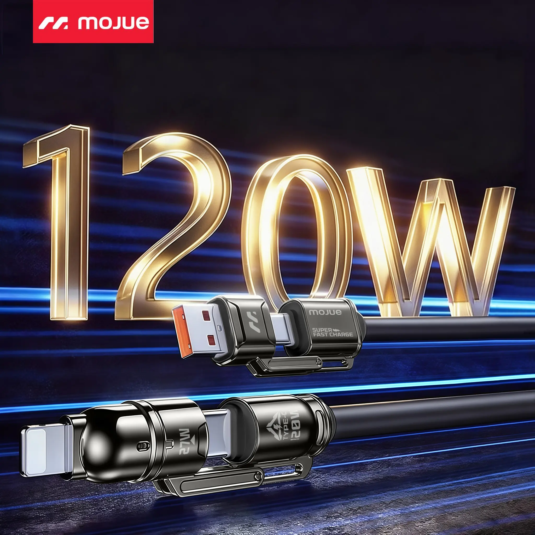 MOJUE 2-Pack 4-in-1 120W Braided Fast Charging Cable – 5FT, USB-A/Type-C to Lightning/Metal Multi-Plug, Gray, for iPhone 18-12, iPad, AirPods, Samsung S25