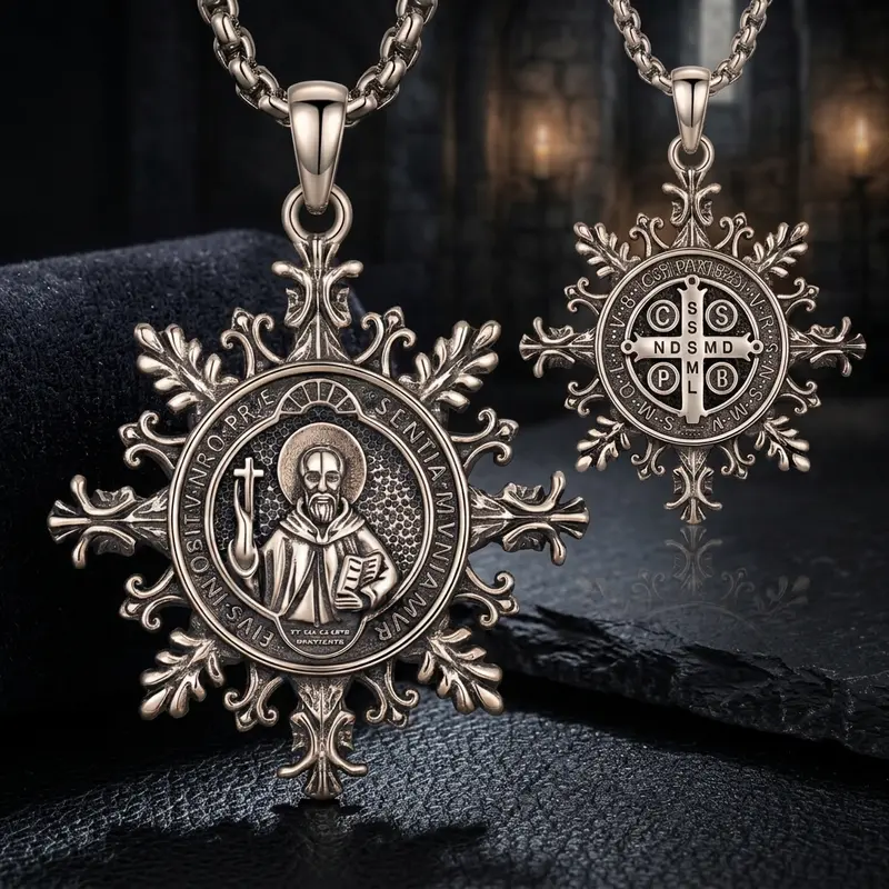 DRINSPER Unisex Silver-Plated Copper-Coated St. Benedict Medallion Pendant Necklace - Vintage Snowflake Religious Figure Motif, Adjustable Stainless Steel Chain, Coated Metal Protective Charm Faith Gift for Daily Wear, Medallion Pendant Necklaces DRINSPER Unisex Silver-Plated Copper-Coated St. Benedict Medallion Pendant Necklace - Vintage Snowflake Religious Figure Motif, Adjustable Stainless Steel Chain, Coated Metal Protective Charm Faith Gift for Daily Wear, Medallion Pendant Necklaces