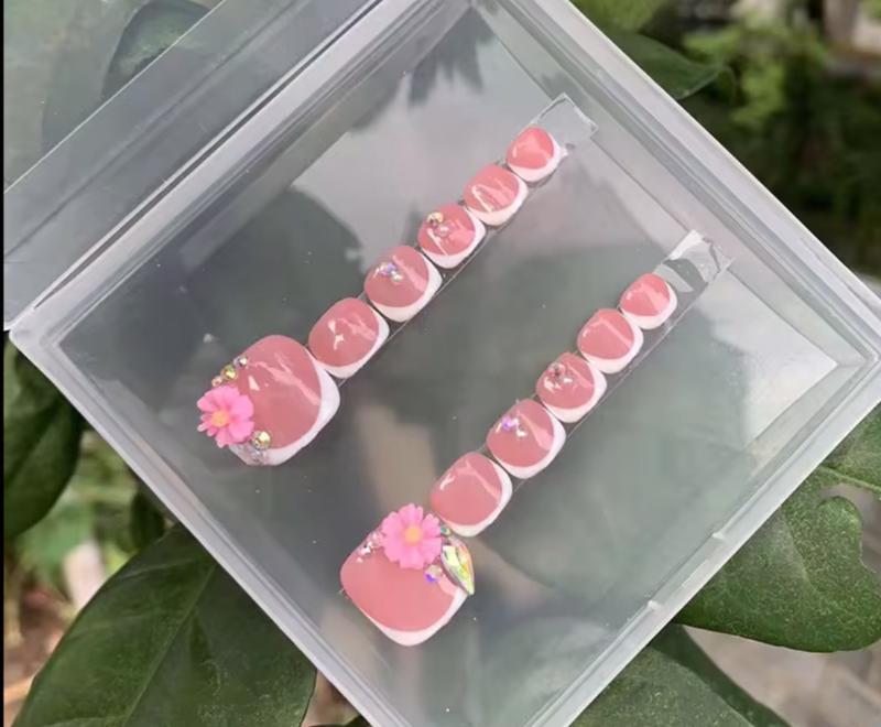 Bling French Tip Press On Toe Nails - Classy Pink Floral Design with Rhinestones, Sturdy & Reusable Elegant & Versatile for Various Occasions
