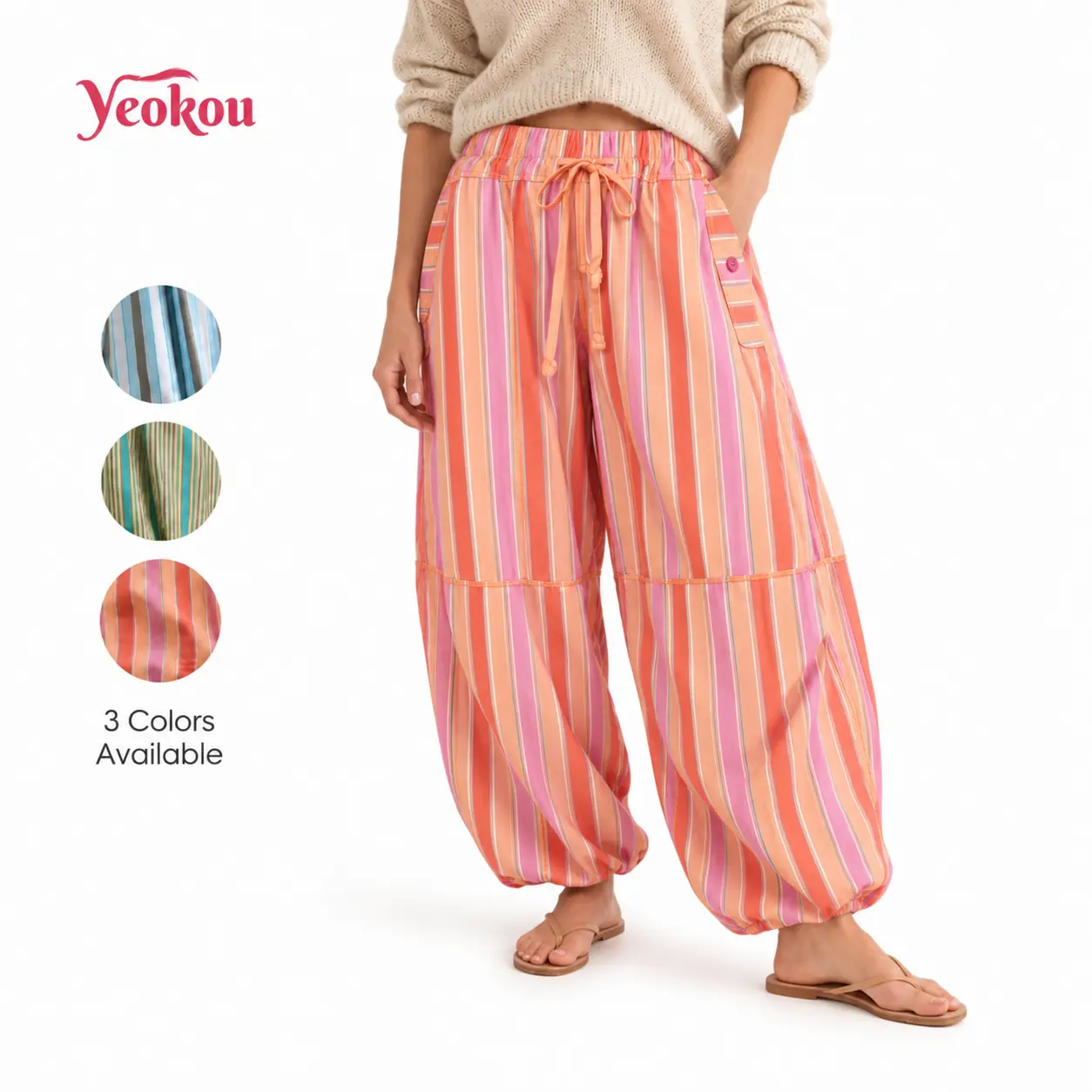 Yeokou Women's Cotton Stripe Balloon Pants Trendy Baggy Wide Relaxed Balloon Fit Leg Pants Soft Breathable LightweightElastic Waist Drawstring Harem Trousers Casual Summer Vacation Pants with Pockets