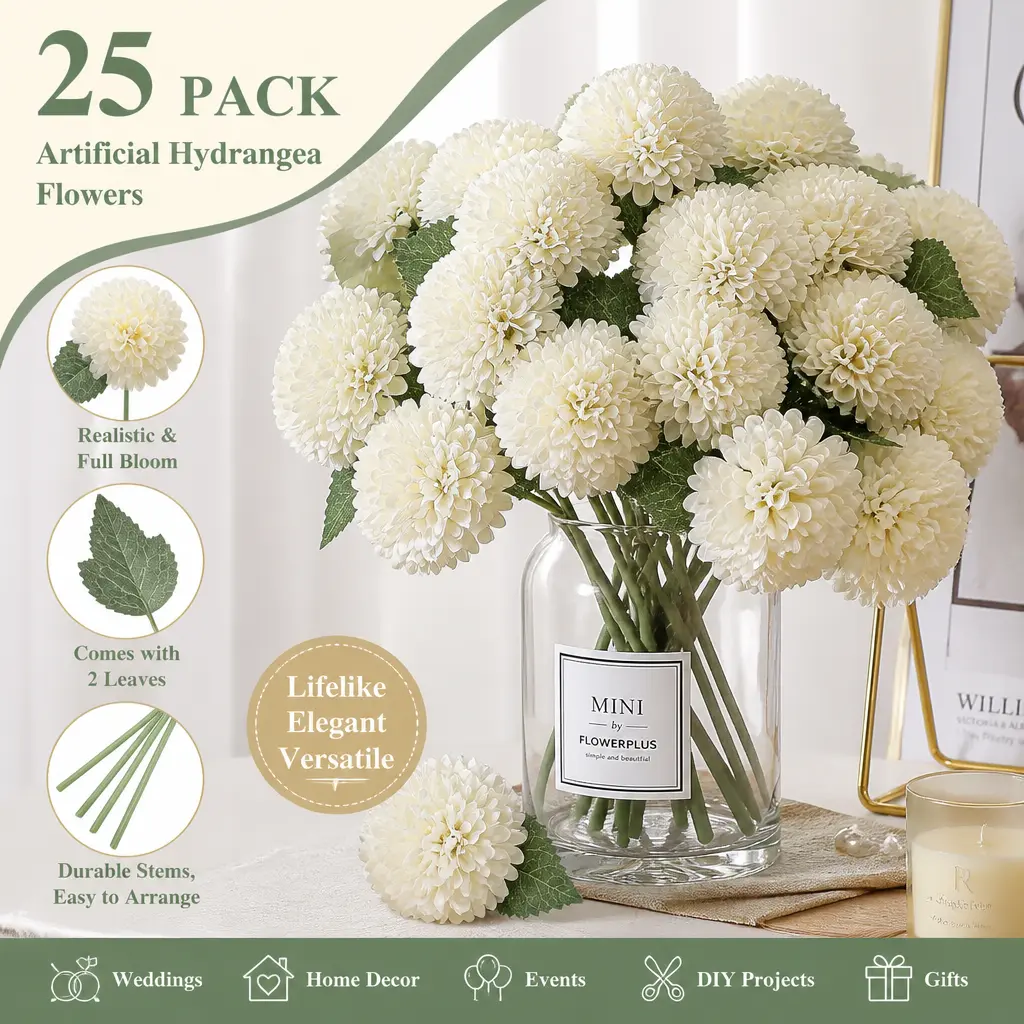 25-Flower Pack Ivory PE Foam Artificial Dahlia Decor (25 Blooms + 2 Leaves) - Artificial Flower Decor, 2.7" Heads, 8" Stems, Real-Touch Non-Wilting Stems for DIY Weddings Centerpieces, Mid-Year Sale