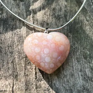 Stainless steel pink coral jade heart pendant