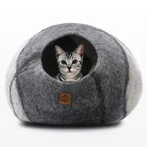 Haussimple Wool Cat Cave - Organic Merino Wool, Handmade Cozy Bed for Cats, Geometric Design, 19-inch Diameter, Eco-Friendly & Safe, Perfect Gift for Cat Lovers