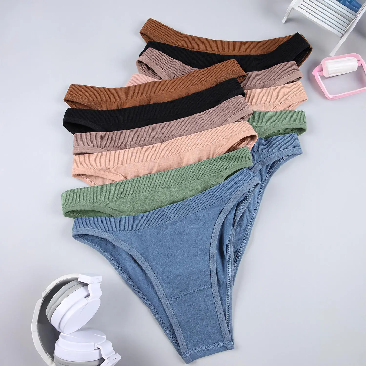 Women's 12pcs Low-Rise Panties - Soft Stretchy Smooth Knit Fabric, Full Coverage Tummy Control, Solid Pastel Minimalist Everyday Briefs